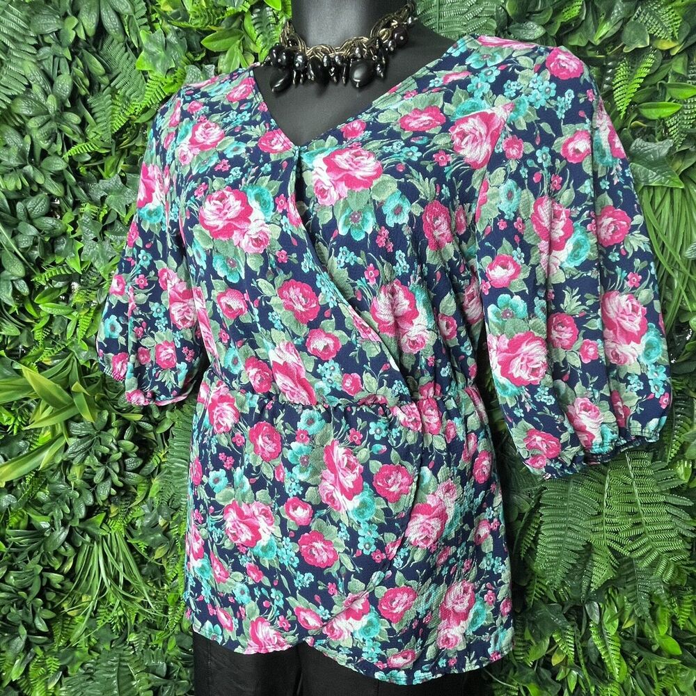 Promises‎ Tops Women 1XL Blue V Neckline Peplum Blouse Floral Print 0020